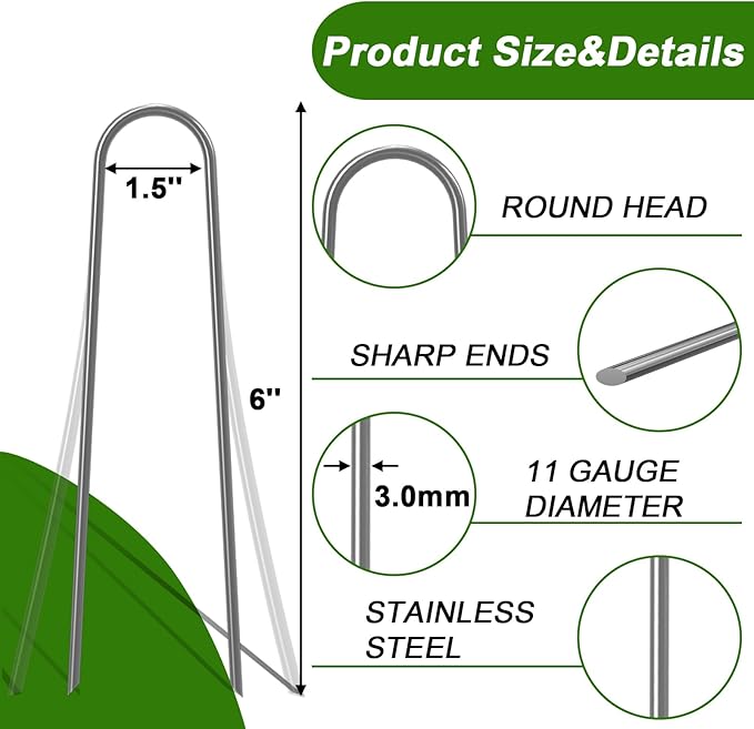 AAGUT 6 Inch Landscape Stakes 50 Pack Garden Drip Irrigation Tubing Stakes Heavy Duty 11 Gauge Galvanized Ground Staples Lawn U Hooks for Soaker Hose, Chicken Wire, Chain Link Fence, Dog Fence