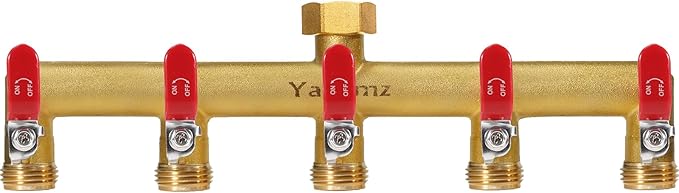 Garden Hose Splitter, 3/4” Rust and Freeze Resistant Outdoor Hose Manifold with 5 Red Extra Long Handles Faucet Adapter-Heavy Duty Brass 5-Way Valve