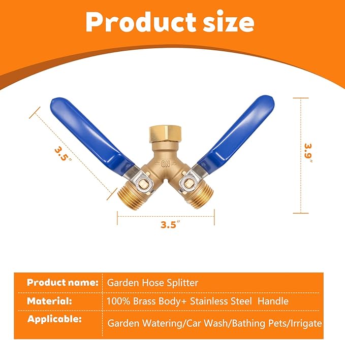 Brass Hose Splitter 2 Way Heavy Duty Garden Hose Splitter with 304 Stainless Steel Long Handle Outdoor Full Flow Hose Splitter Connector Brass Y-Valve Water Garden Hose Adapter 3/4" GHT Threads