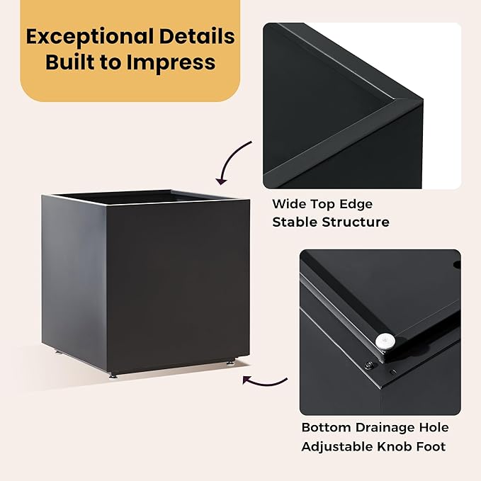 Large Metal Outdoor Planter Box 20Wx20Dx21.5H, Galvanized Steel Cube Planters for Outdoor Plants, Easy Assembly - 5mins Quick Install, Large Square Flower Pot for Patio, Deck, Garden, Yard, Black