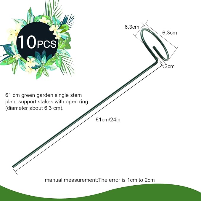 HiGift 10 Pack 24 inch Plant Stakes and Supports, Metal Flower Stakes for Potted Plant Indoor, Garden Stakes for Tall Plant Single Stem Flowers Amaryllis Tomatoes Peony Lily Rose (61 cm Long)