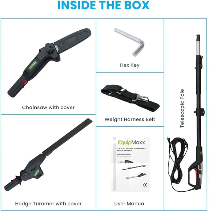 Long Reach 2 in 1 Electric (Corded) Pole Hedge Trimmer & Chainsaw, Telescopic Extension Pole Tool for Garden Pruning and Branch Cutting (Extends to 7 1/2 Feet)