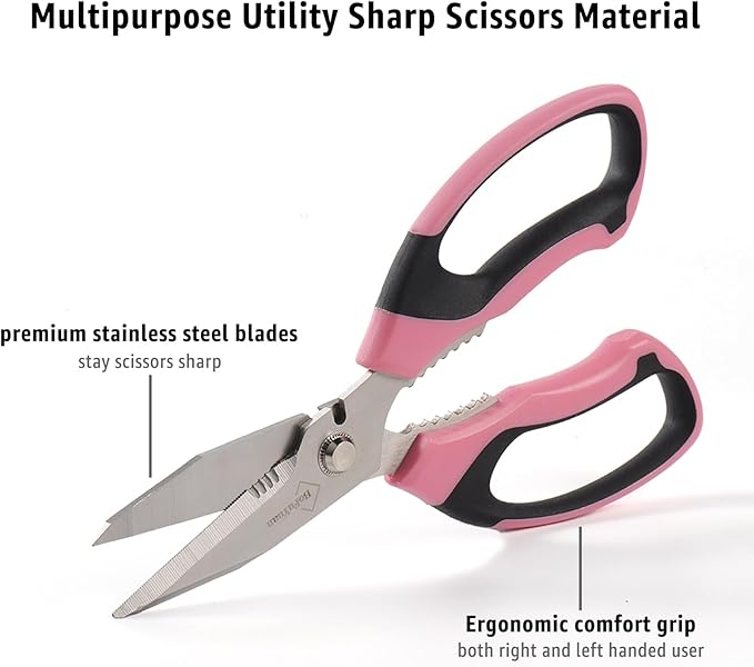 8-Inch Heavy Duty Utility Scissors All Purpose, Serrated Blade, Pink Comfort Grip for Cutting Carpet, Cardboard, Leather, Fabric, Multipurpose Sharp Shears for Kitchen, Garden, Office, Carft