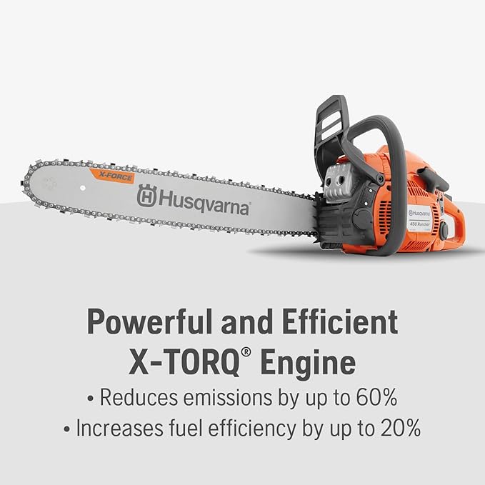 Husqvarna 450 Rancher 20 Inch Gas Chainsaw, 50.2-cc 3.2-HP, 2-Cycle X-Torq Engine, For Tree Pruning, Yard Cleanups and Firewood Cutting, 970613120