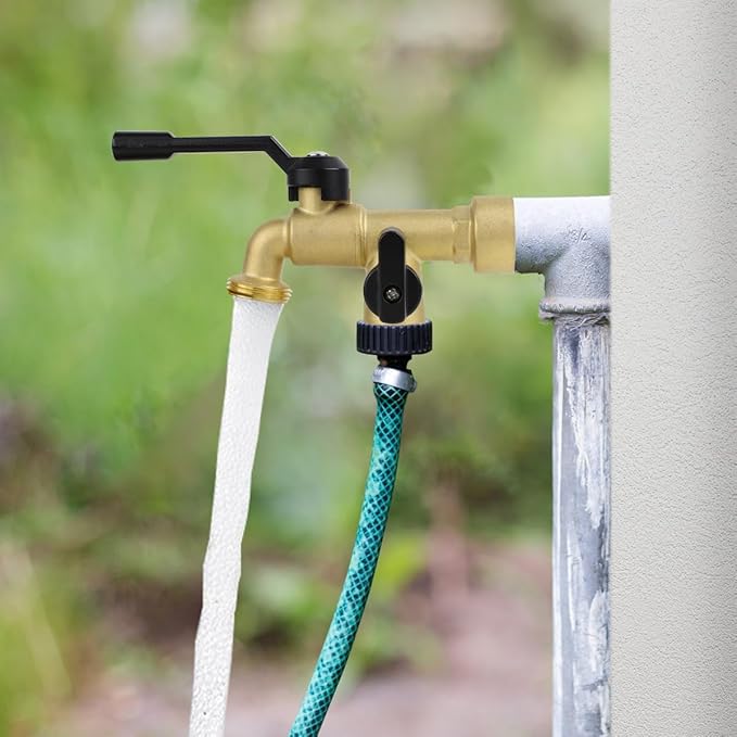 Double Outdoor Faucet, Outside Tap Garden Water Faucet Wall Mounted 3/4 inch NPT Female Inlet & Two Outlets, Frost-proof Brass Outside Spigot for Home Balcony Hose Connector (Copper 3/4" Female Inlet)
