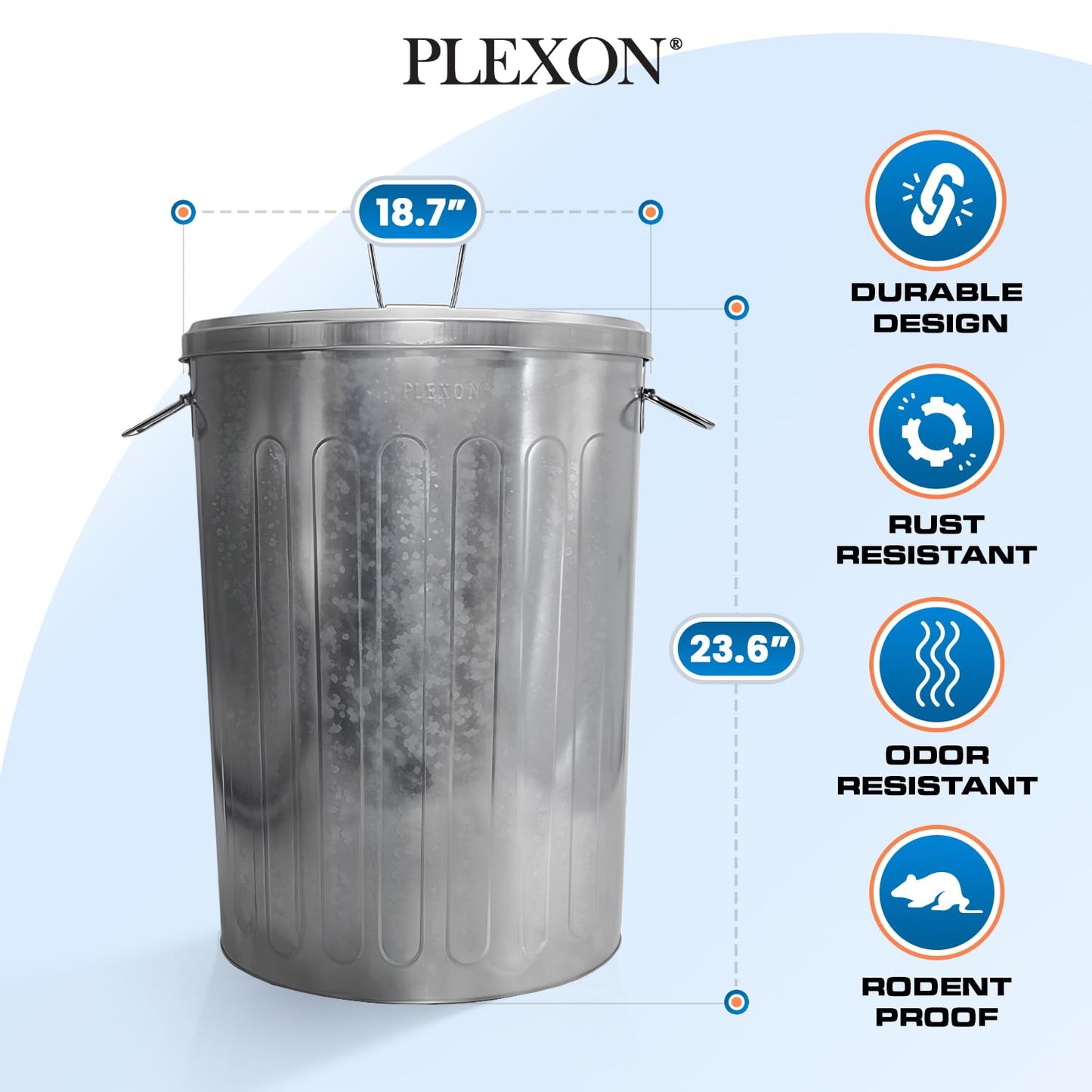 Plexon 20 Gallon Metal Trash Can with Lid Outdoor Galvanized Steel Large Garbage Can, 3 Pack