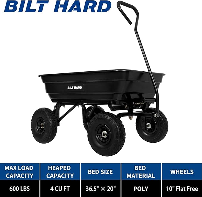 BILT HARD 4 Cu.Ft. 10" No-Flat Tires Poly Yard Dump Cart with 180° Rotating Handle, 600 lbs Capacity Heavy Duty Garden Carts and Wagons