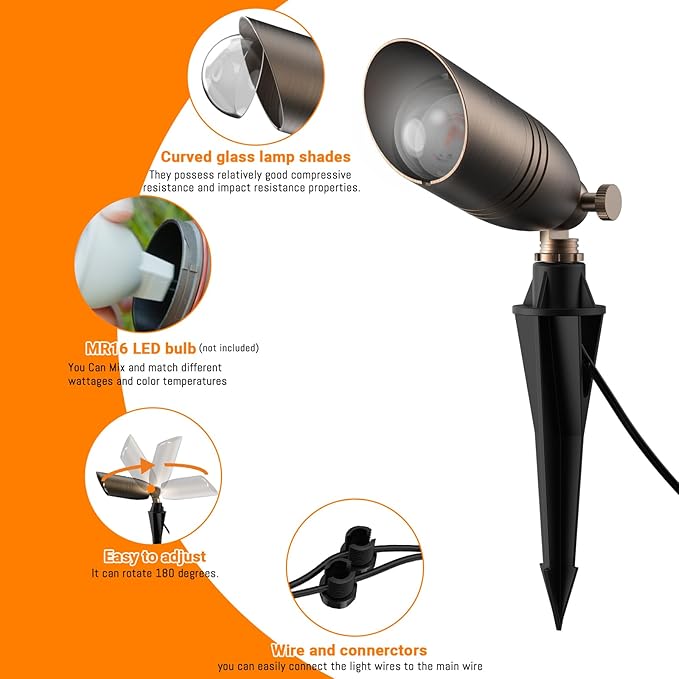 ZONEGRACE 12V Low Voltage Brass Landscape Spot Lights, Waterproof LED Uplights & Accent Lighting with Connectors, Heavy Duty Outdoor Garden Path Lights Fixtures with Bulb, Bronze (1 Pack)