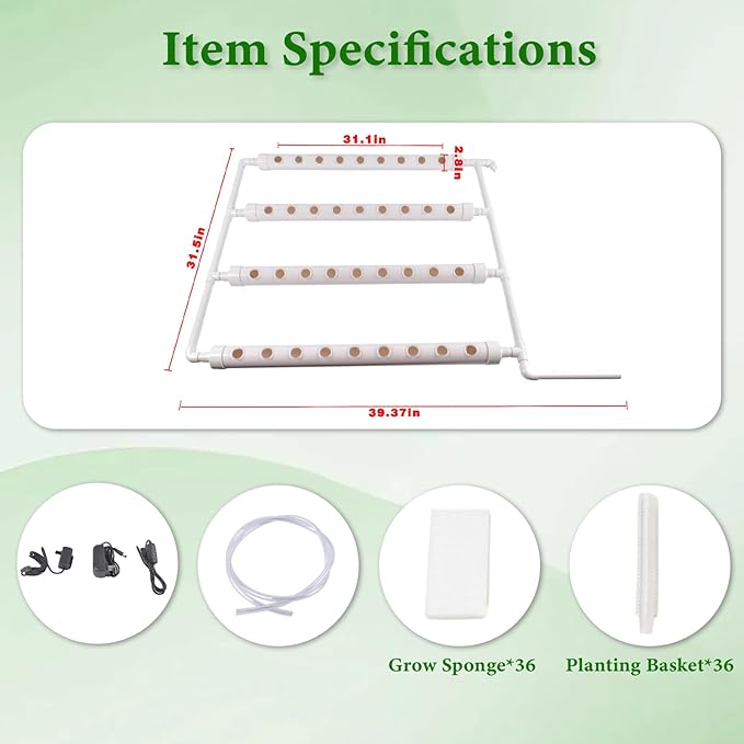 Wall-Mounted Hydroponic Grow Kit, 1 Layers 36 Plant Sites 4 Food-Grade PVC-U Pipes Hydroponics Planting System with Water Pump, Pump Timer, Nest Basket and Sponge for Leafy Vegetables