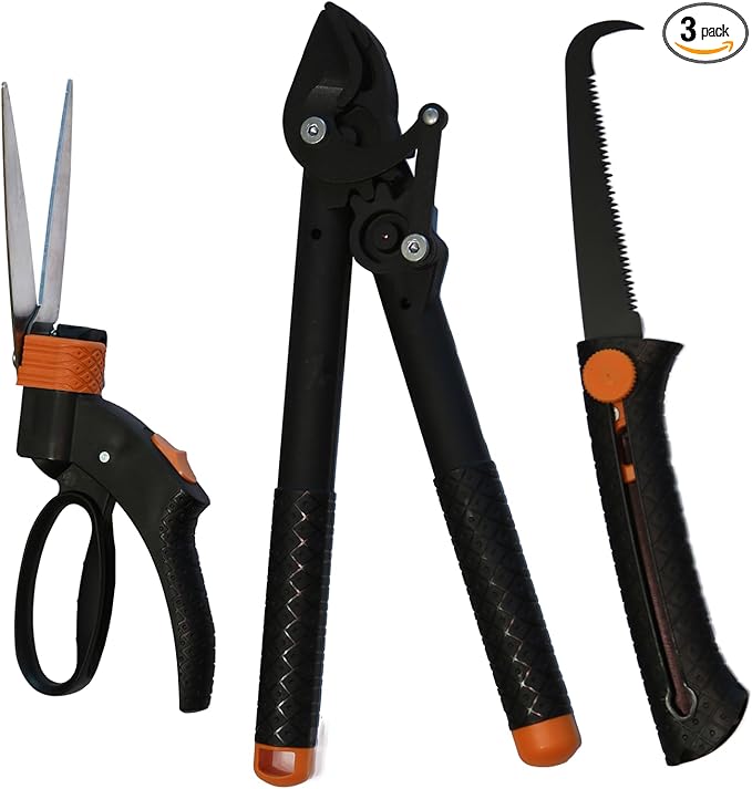 Garden Scissors-Clippers Set of 3 Trimming-Gardening Tools, Garden-Pruning Shears-Pruners for Gardening, Loppers for Tree Trimming Heavy Duty, Retractable Pruning Saw for Wood Cutting