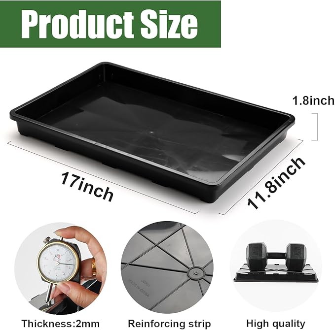 10 Pack Nursery Pots Trays (17"x11"x2"), Plastic Flat Seed Starter Trays, Durable Carrying Seedling Starter Tray, Reusable Tray for Planting and Collecting Drainage Water (Black)