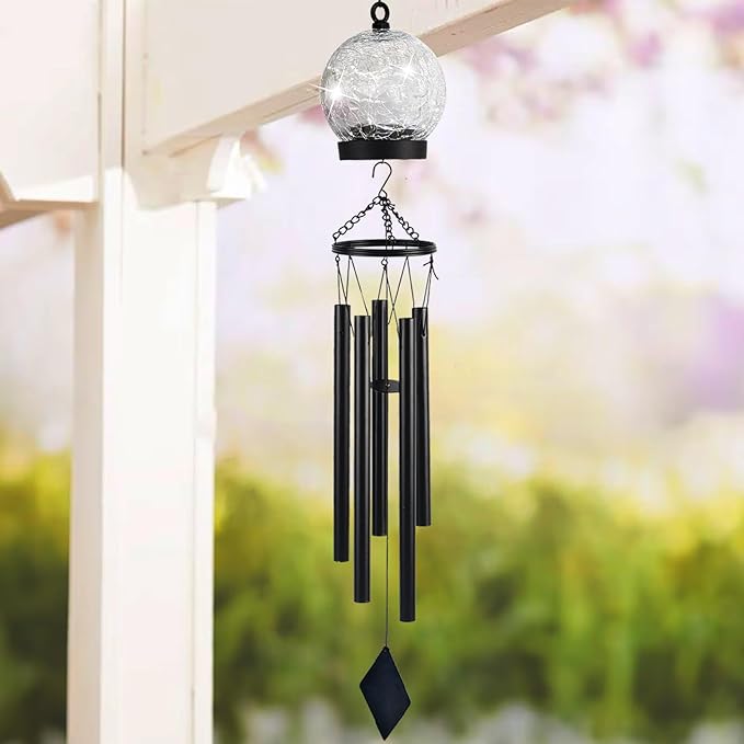 Wind Chimes Outdoor Solar Lights, 42 Inch Large Sympathy Chime 15 Blue LEDs Crackled Glass Ball Birthday Gifts for Women Decorative Hanging in Garden, Yard, Patio, Landscape