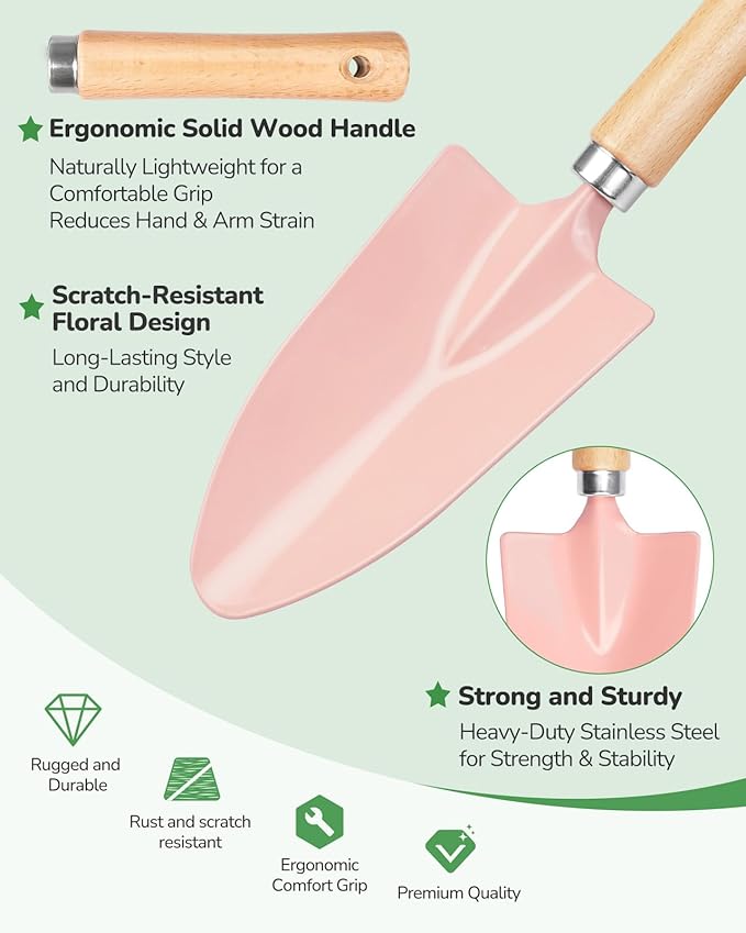 Gardening Tools, 10-Piece Gardening Gift Set for Women, Rust-Proof & Heavy-Duty Tools with Floral Organizer Bag, Fashionable & Thoughtful Gift for Garden Women (Pink Red)