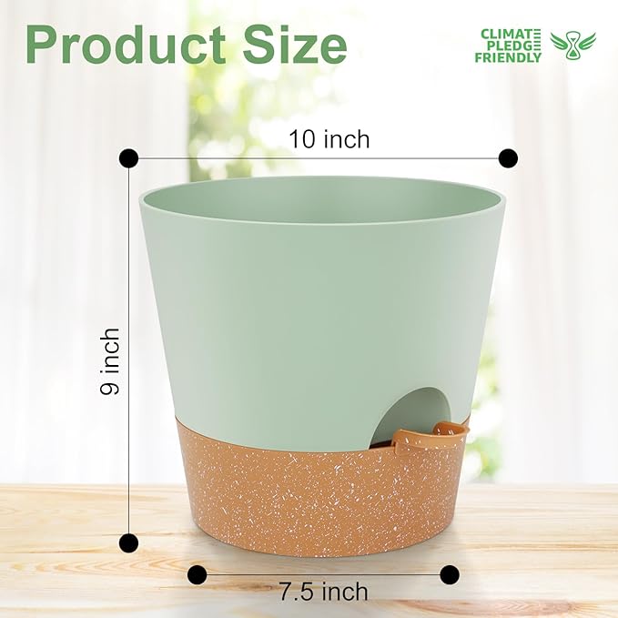 10-Inch Plant Pots, Self-Watering Planters with Drainage Holes & Saucers for Indoor and Outdoor Plants (2-Pack, Green)