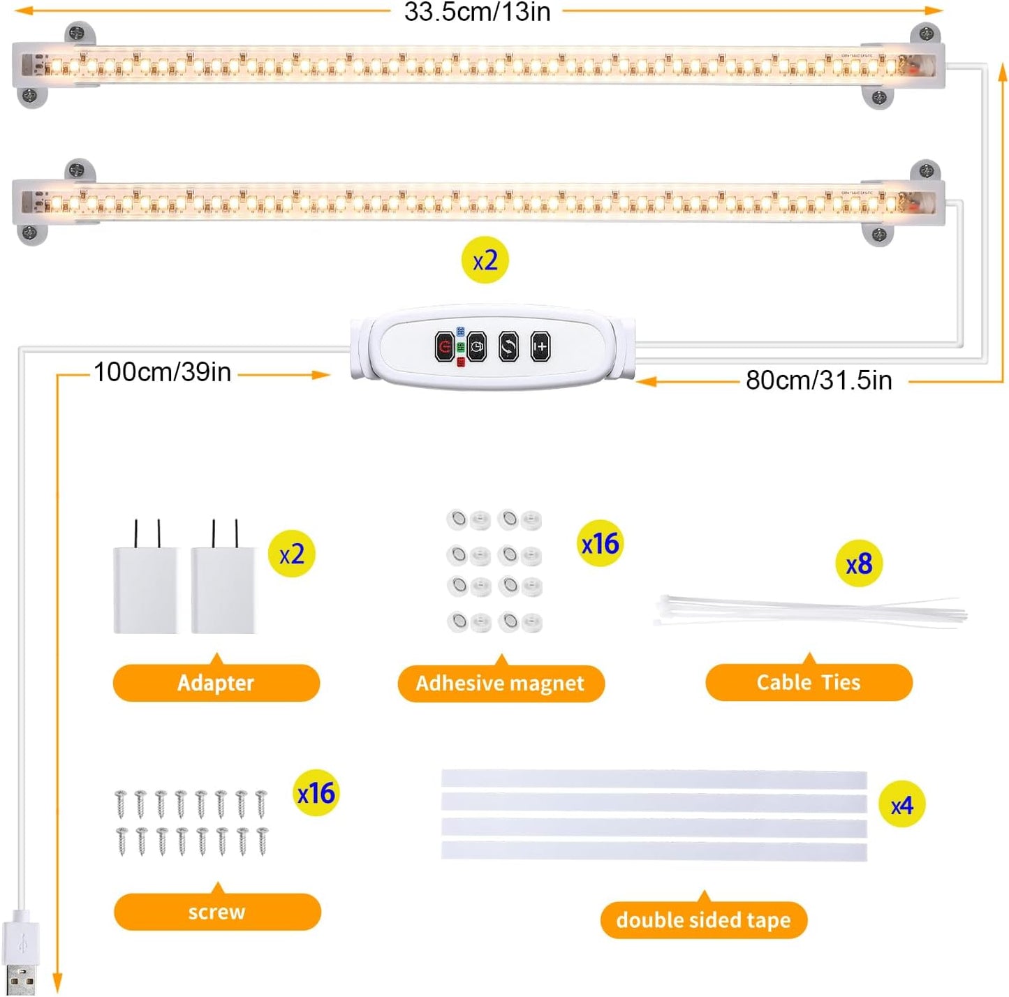 Two Strip Growing Lamp for Indoor Plants, 3500K Full Spectrum LED Grow Light Strips with Auto ON/Off 3/9/12H Timer & 10 Dimmable Levels for Green House Succulent (2 Headx2 Pack)
