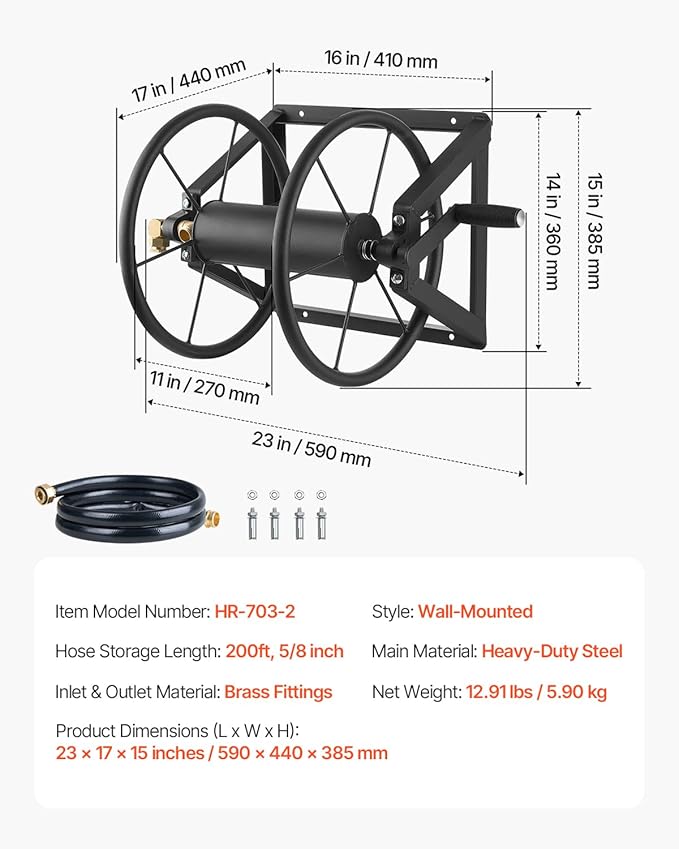 VEVOR Wall Mounted Garden Hose Reel, Holds 200 ft 5/8-inch Manual Water Hose Winder, Heavy-Duty Steel, Outdoor Reel with Brass Fitting & 5ft Leader Hose, Space Saving, for Yard Lawn Garage
