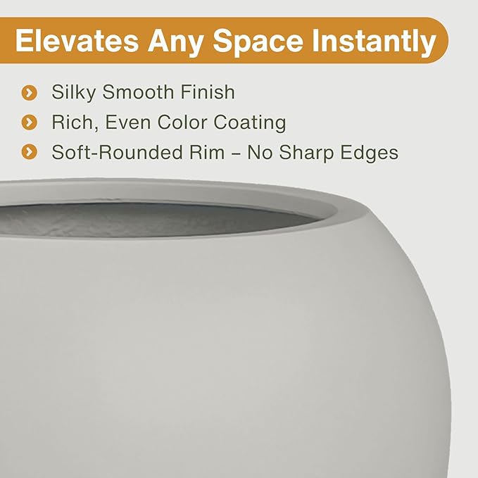 9.7" H x 12" D Globo Fiberstone Round Planter with Drainage Hole, Weather Resistant, Planters for Indoor Plants & Outdoor, 2 Extra Coco Mats (Light French Gray, 7.8" Pot Opening)