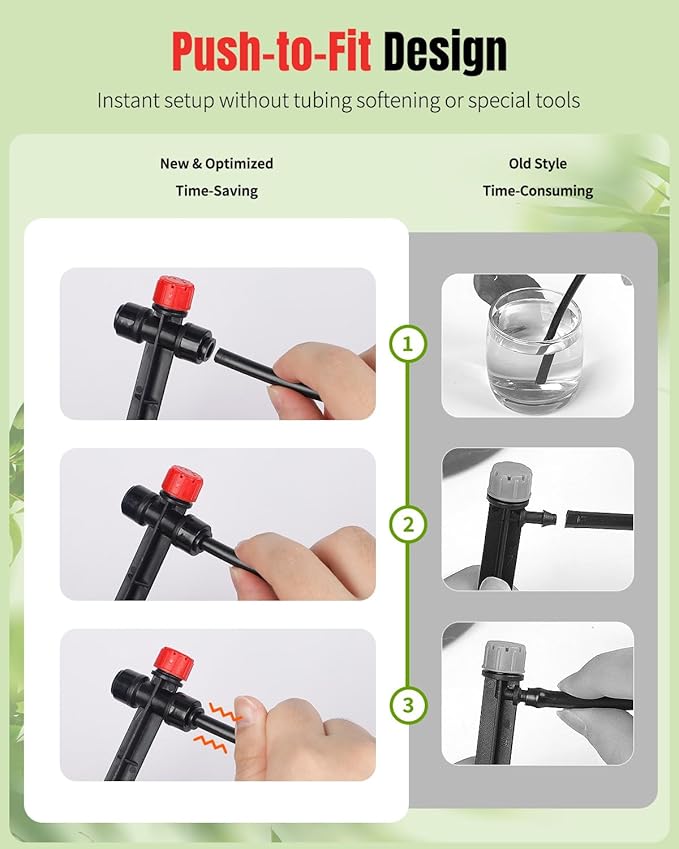 Pawfly 30 Pcs Push-to-Fit Drip Irrigation Emitters, 8-Stream Sprinklers Drip Emitters for 1/4 Inch Tubing with Stake & End Plugs, Two-Way Connection Irrigation Drippers with Adjustable Water Flow