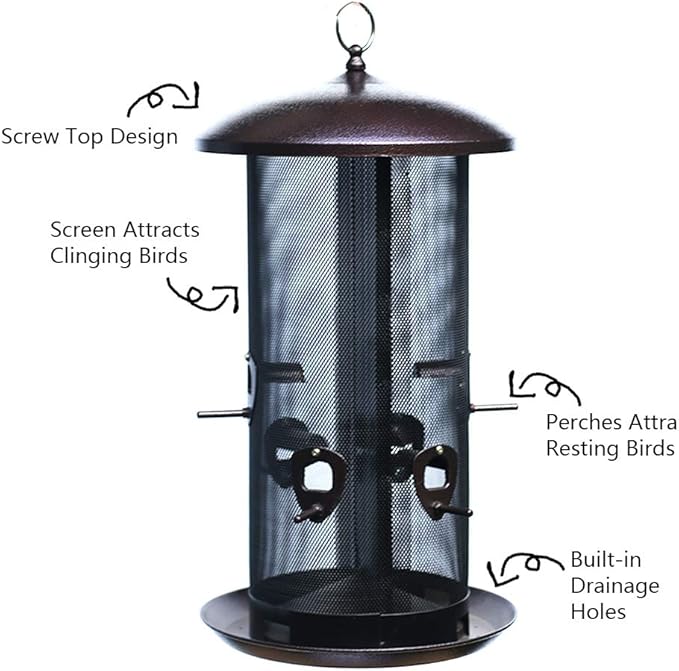 Nature's Rhythm Metal Hopper Bird Feeder, Dual Seed Compartments, 10 Feeding Ports, Holds 10lbs Seed, Attracts Cardinals, Titmice, Nuthatches