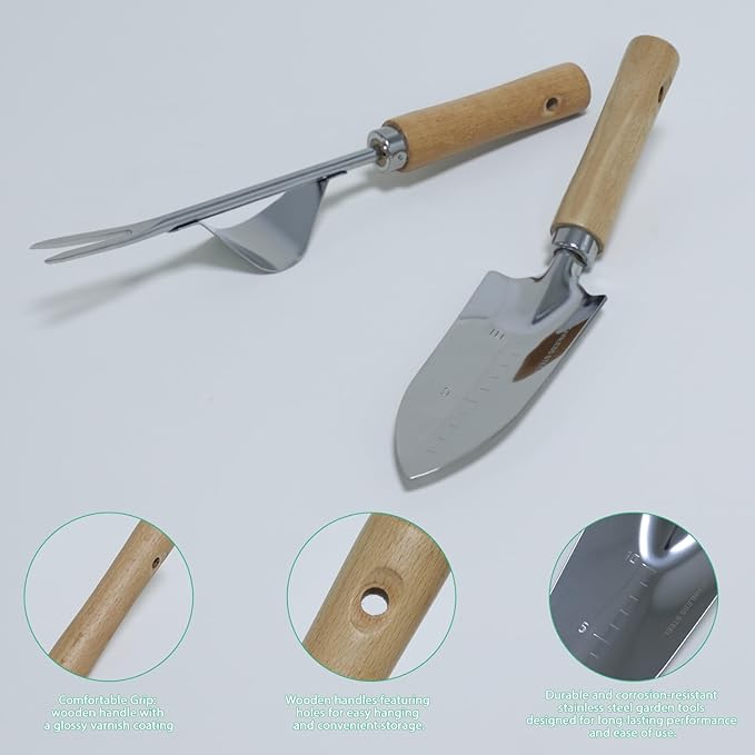 LeMotech Garden Tool Set, 2Pcs Gardening Hand Tools, Stainless Steel Transplant Shovel and Weeder with Handle, Outdoor Gardening Kit for Women Men