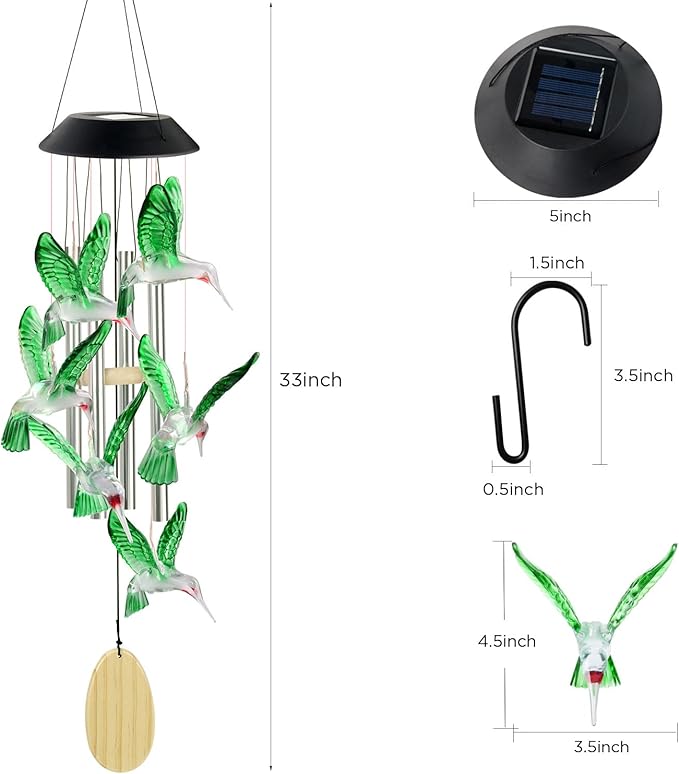 Hummingbird Decorative Mobiles Gifts, Solar Hummingbird Wind Chimes, Gifts for Mom, Women, Grandma, Garden Courtyard Lawn Decor, Gift for Christmas and New Year