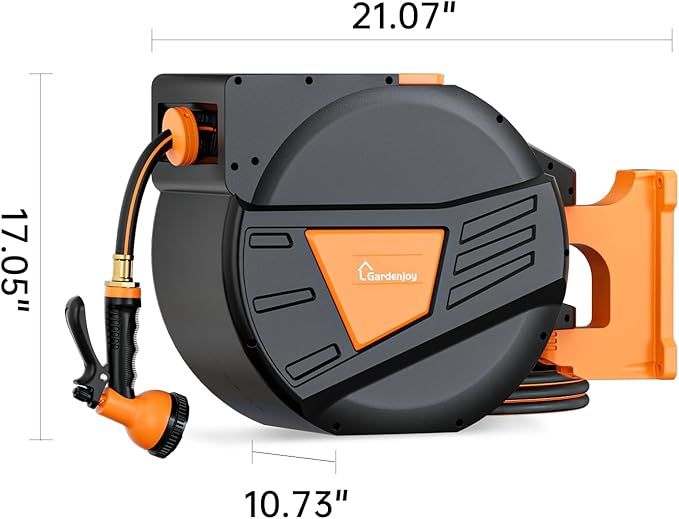 GARDENJOY Retractable Garden Hose Reel, 65 ft x 5/8 inch Heavy Duty Garden Hose with 180°Swivel Wall Mounted Bracket, 10 Pattern Sprayer Nozzle, Any Length Lock & Slow Return System