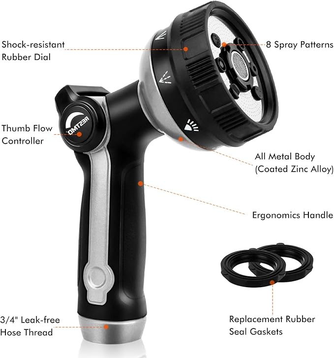 RESTMO Full Shower Hose Nozzle, Metal Spray Nozzle for Garden Hose, 8 Spray Patterns, Water Hose nozzle with Thumb Control, Ideal for Outdoor Lawn & Plant Watering, Car & Pet Washing, Silver