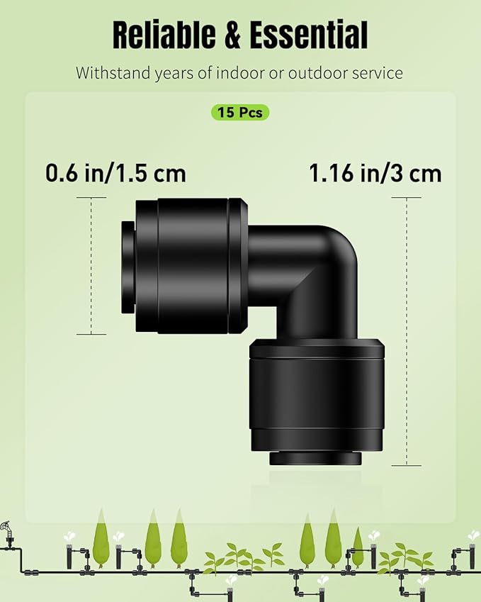 Pawfly 15 Pcs Quick Connect 1/4" Drip Irrigation Elbow Connectors, Anti-Leak Drip Irrigation Parts, Push-to-Fit 2-Way Elbows, Universal 90 Degree Elbow Fittings for 1/4 Inch Irrigation Tubing