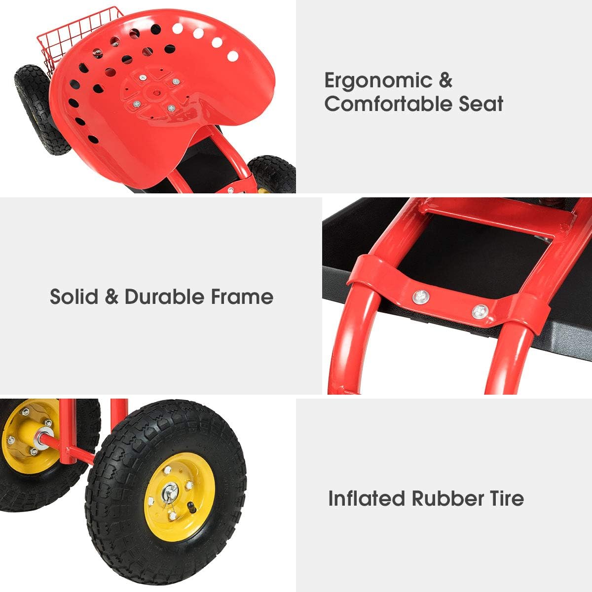 IRONMAX Garden Cart with Seat, Gardening Rolling Stool Scooter w/Wheels, Tool Tray and Basket for Planting, Wheeled Outdoor Gardening Work Seat for Patio, Yard (Red)