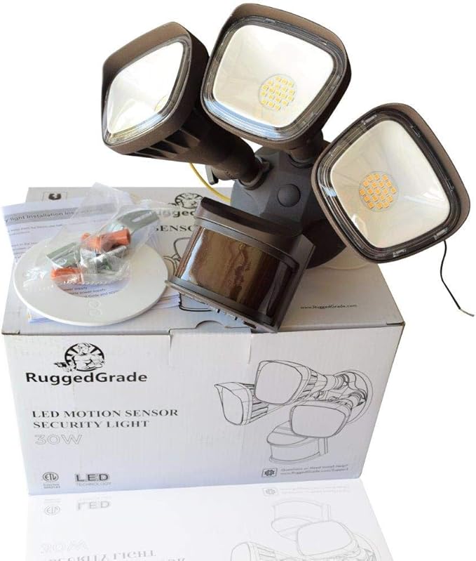 RuggedGrade 30W Turin II Series LED Security Wall Light - Motion Wall Light - 2,600 Lumens - 3000K Warm White - 240° Sensor - Square Heads - Bronze Housing - Outdoor LED Light - DLC 5.1 Premium