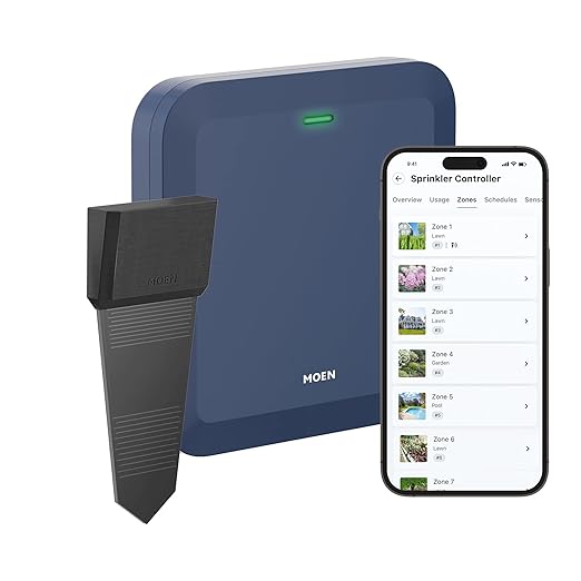 Moen 16-Zone Smart Sprinkler Controller, Wi-Fi Connectible Smart Irrigation System with Automatic Water Timer, WICNT016G1USA with 16 Moen Smart Wireless Soil Sensor