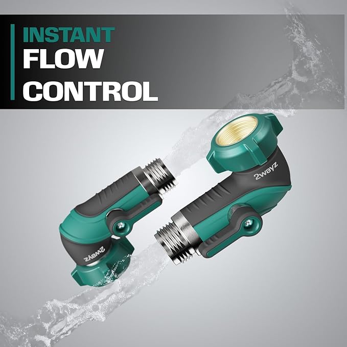 2WAYZ 90 Degree Hose Elbow Adapter - Heavy Duty Full Metal Body Garden Hose Shut Off Valve - 3/4-Inch Inlet and Outlet Angle Connector for RV, Waterhose Elbow - 2.3x2.3x4.1-Inch (Green and Black)