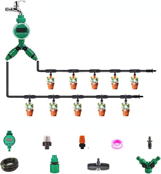 (10-20Meters Watering Timer Set) Drip Irrigation Set DIY Garden Automatic Watering Watering Device Garden Greening Automatic Irrigation System (15M+Digital Timer)