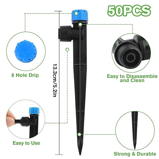 50PCS Drip Irrigation Emitters, Kalolary Adjustable 360 Degree Water Flow Drippers Emitters for 1/4" Drip Irrigation System Tubing, Garden Irrigation Drippers for House Garden Flower beds(Blue)