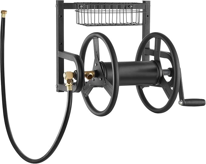 VEVOR Wall Mounted Garden Hose Reel, Holds 125 ft 5/8-inch Hose, Heavy-Duty Water Hose Winder, Space-Saving Design, Outdoor Manual Reel with Brass Fitting and Storage Basket for Yard Lawn