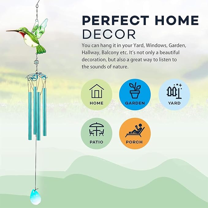 Green Hummingbird Wind Chimes, Wind Chimes for Outdoor, 26" Glass Painted Mobile Romantic Chimes, Patio, Balcony, Garden Decoration, Gifts for Mom & Women