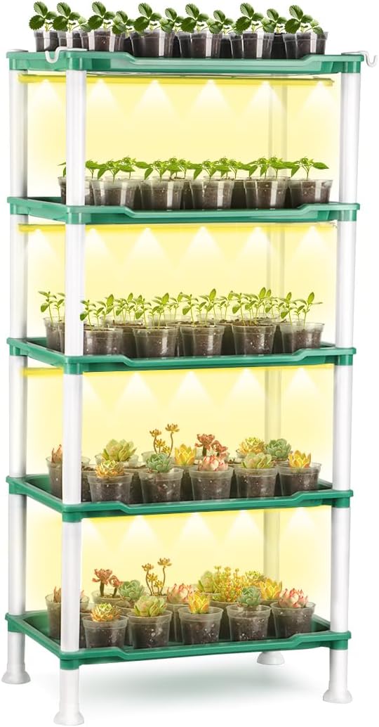 Seed Starter Tray Unit, 5-Tier Plant Stand with 4 LED Grow Lights & 90 Pack 2.5 Inch Clear Nursery Pots – for Indoor Gardening, Herb, Seedling Kits & Small Greenery
