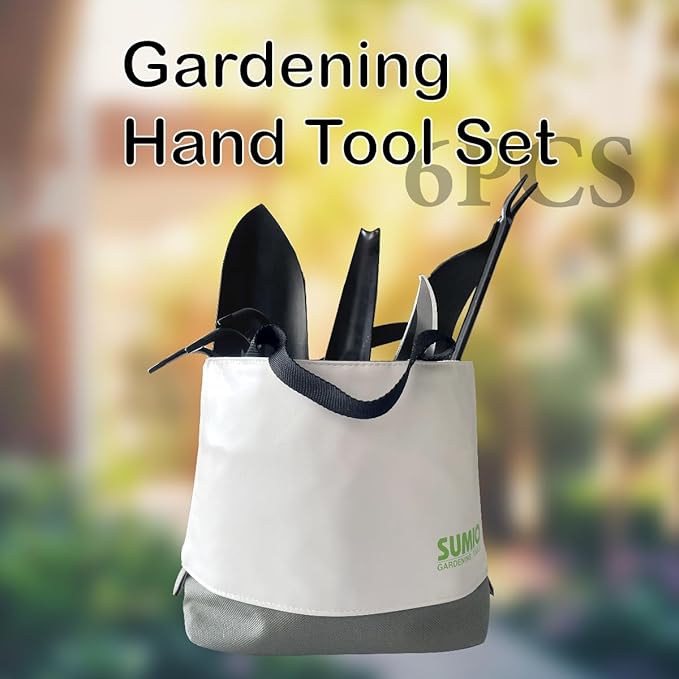 SUMIO 6-Piece Gardening Hand Tool Set – Includes Trowel, Transplanter, Cultivator, Lever Weeder, Bypass Pruner & Storage Bag – Garden Tools Kit for Planting, Weeding, and Pruning (Gray)