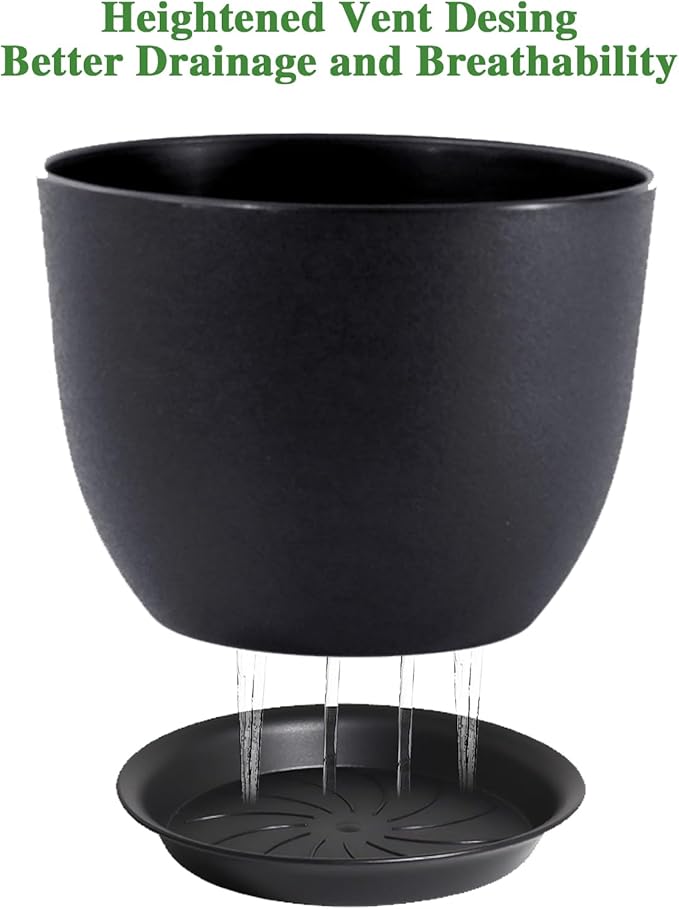 12inch Large Plant Pot, Modern Plastic Planter with High Driange Holes and Saucer for Indoor Outdoor Garden Plants and Flowers, Black