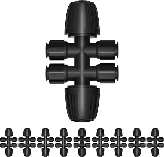 Bonviee 10 Pack 5/16” to 1/4” Push-to-Connect Tee, Split 5/16” Tubing into Four 1/4” Lines, Quick Connect Drip Irrigation Fittings, Leak-Proof 6-Way Splitter for Garden, Lawn, Greenhouse