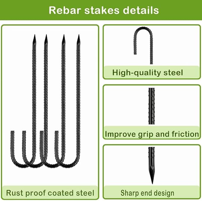 Rebar-Stakes-12-Inch, Ground Stakes Heavy Duty J-Hook Black Coated Anti-Rust Heavy Duty Ground Anchors for Garden Dog Fence Chicken Coop Christmas Decorations Deer Fence 12pcs