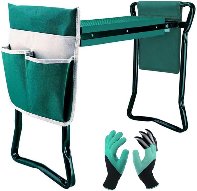 Garden Kneeler and Seat,with 2 Tool Bags Pouches and Claw Gloves,Portable Lightweight Bench Thicken EVA Foam Pad Sturdy Steel Pipe Practical Garden Tools(Green)