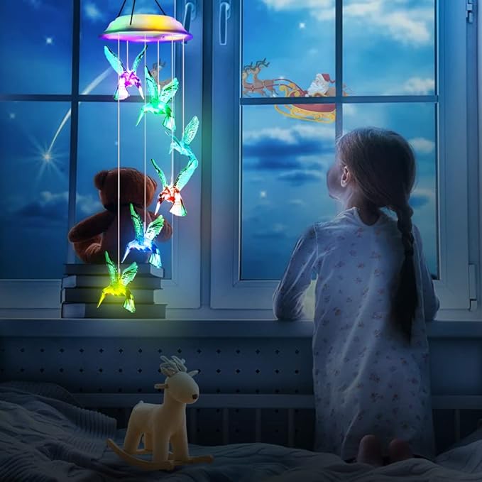 Fohil Solar Hummingbird Wind Chimes, Color Changing Solar Wind Chimes for Outside, LED Waterproof Solar Powered Hanging Lights Outdoor Valentine Decorations, Gifts for Women Mom Grandma