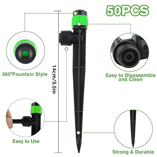 Kalolary Drip Irrigation Emitters, 50PCS Adjustable 360 Degree Water Flow Drippers Emitters for 1/4" Drip Irrigation System Tubing, Garden Irrigation Drippers for House Flower beds(Medium Green)