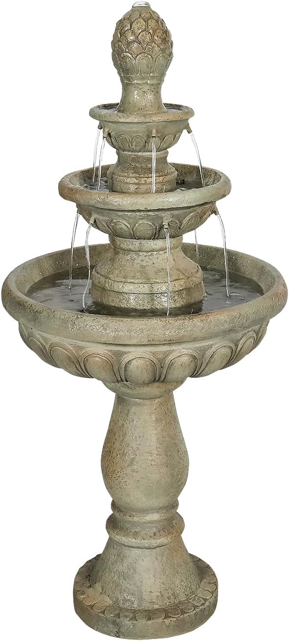 SunJet 42.5” High 3-Tiers Modern Concrete Outdoor Water Fountain - Round Large Outdoor Fountains and Waterfalls for Garden, Patio, Yard, and Deck Decor, Featuring Natural Stone Look