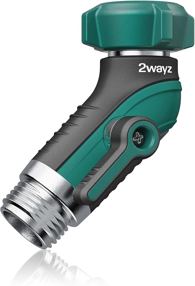 2WAYZ 45° Garden Hose Shut Off Valve - Heavy Duty Metal Elbow Connector with Shut Off Switch - No-Leak Water Hose Adapter for Outdoor Faucet Extension - 2x3x4 Inch (Black, Green)