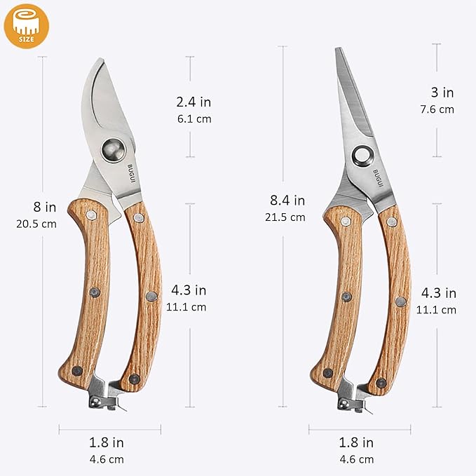 BUGUI 8β Wood Handle Garden Scissors, Set of 2, Includes Bypass Pruning Shears and Long Straight Tip Clippers, Premium Gardening Tools with Precision-Ground SK-5 Steel Blade