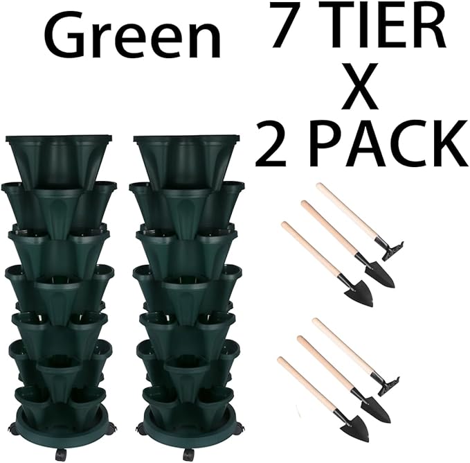 Vertical Planter 7 Tier Stackable Planters Garden Planters Strawberry Herb Flower and Vegetable Planter Indoor Outdoor Gardening Pots with Removable Wheels and Tools 2-Pack