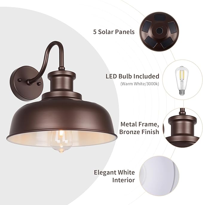 Solar Barn Light for Outside, Gooseneck Outdoor Wall Lights Solar Powered, Farmhouse Exterior Wall Sconce, Industrial Outside Lighting Fixture, Rustic Lantern for Garage, Barn, Shed,RZSR007-2 OW