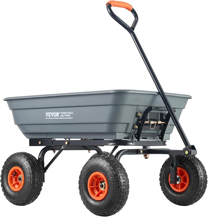 VEVOR 4 Cu.Ft. 600lbs Poly Garden Cart Dump Wagon, Heavy Duty 4 Wheel Wheelbarrow Yard Cart Dump Wagon with 10in All Terrain Wheels, Steel Frame and Quick Release System